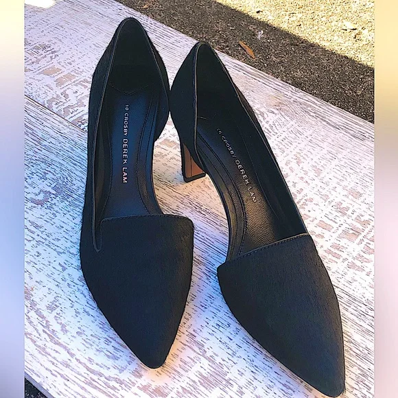 10 Crosby Dereck Lam Black Real Fur High Heels. d’Orsay Pumps, Size 7 1/2 NWOT - Picture 1 of 16
